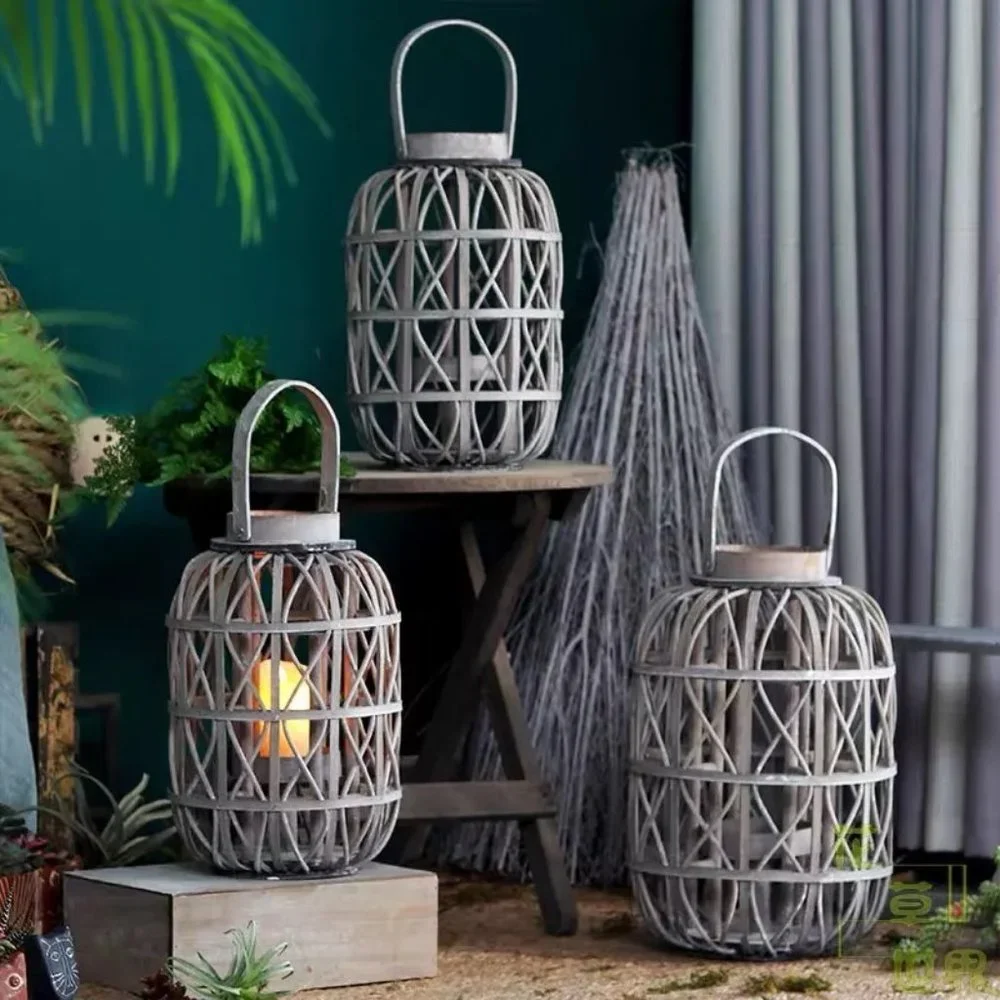 Rustic Farmhouse Decor Large Wooden Lantern Woven Willow